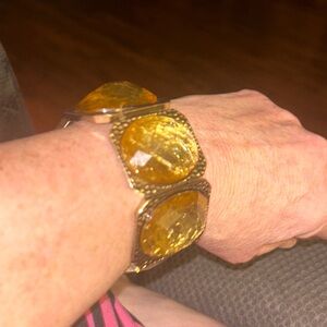Chunky fashion, jewelry bracelet, gold tone, and yellow stone stretchy
